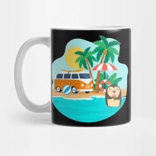 Penguin in Summer on The Beach with Ice Cream Mug